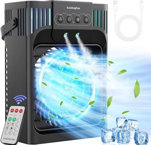 FethFire Portable Air Conditioner Cooling Fan, 1200Ml Mini Air Conditioning Unit with Remote,Quiet 3 Wind Speeds & Cool Mist, 2-8H Timer & 7 LED Light, Personal Air Cooler Fan for Room,Home,Office