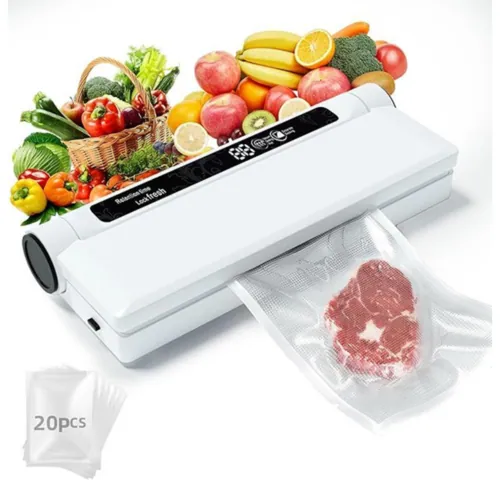 Food Saver Vacuum Sealer Machine, 75KPA Strong Suction, Dry/Wet Modes, 20 Vacuum Seal Bags for Food, Digital Countdown Timer, Compact Lightweight, Ideal for Home Kitchen Use