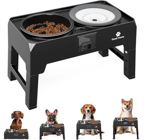 GUUSII HOME Raised Dog Bowl with Stand Elevated Feeding Station Feeder for Large Medium Small Dogs Food and Water Bowl Set Drip Catching Hole Adjustable Height 43.5*24.4*12/25.7/29.7/33.7cm 2000ml